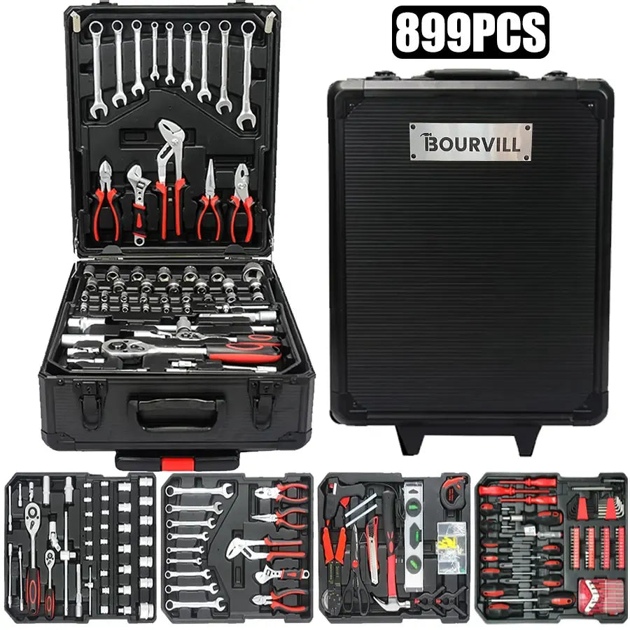 899PCS Tool Set,Aluminum Rolling Tool Chest with 4 Drawers,Complete Mechanic & Home Repair Kit