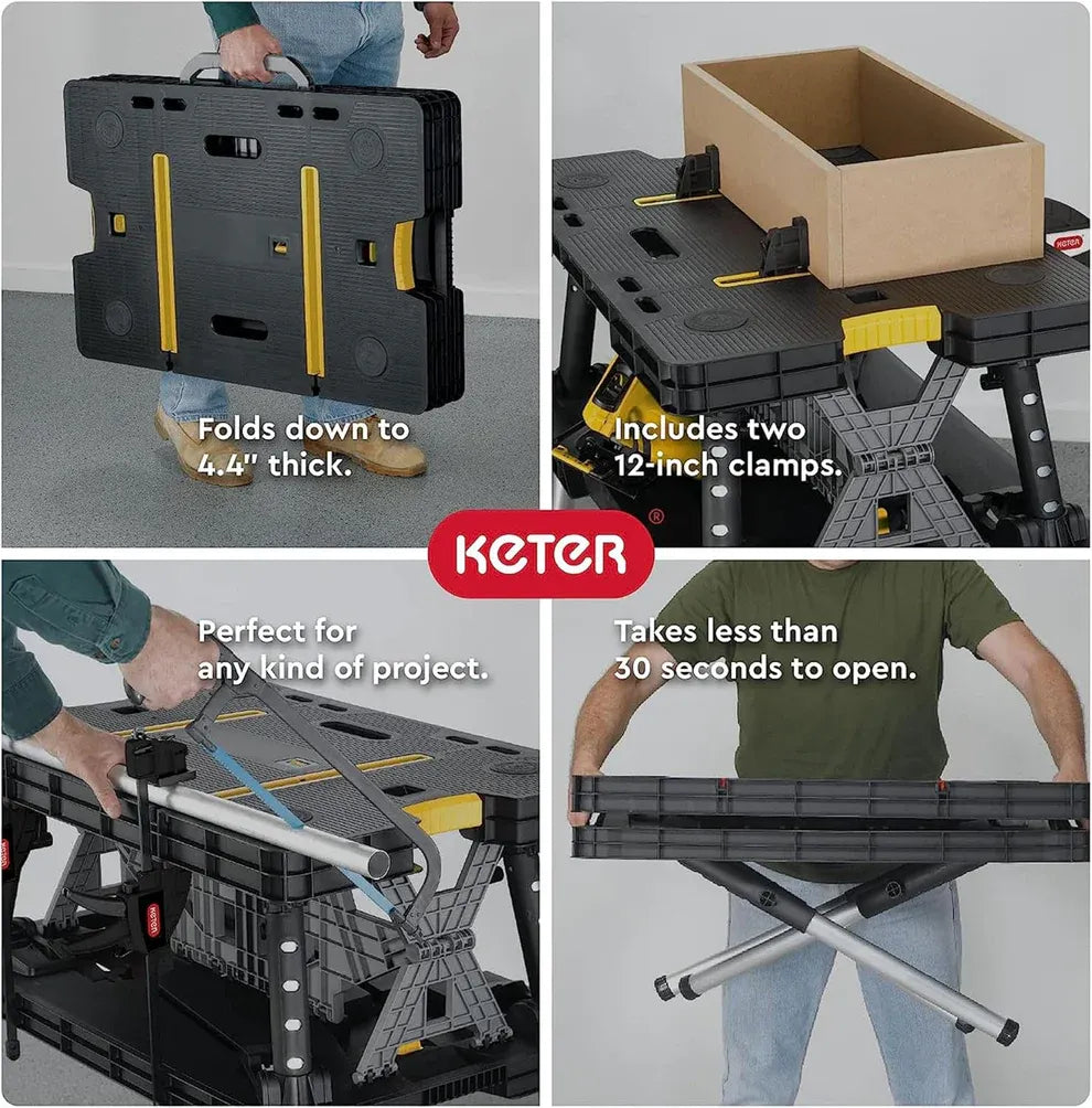 Portable Folding Table Tool Storage Stand Workbench Sawhorse with 12" Clamps