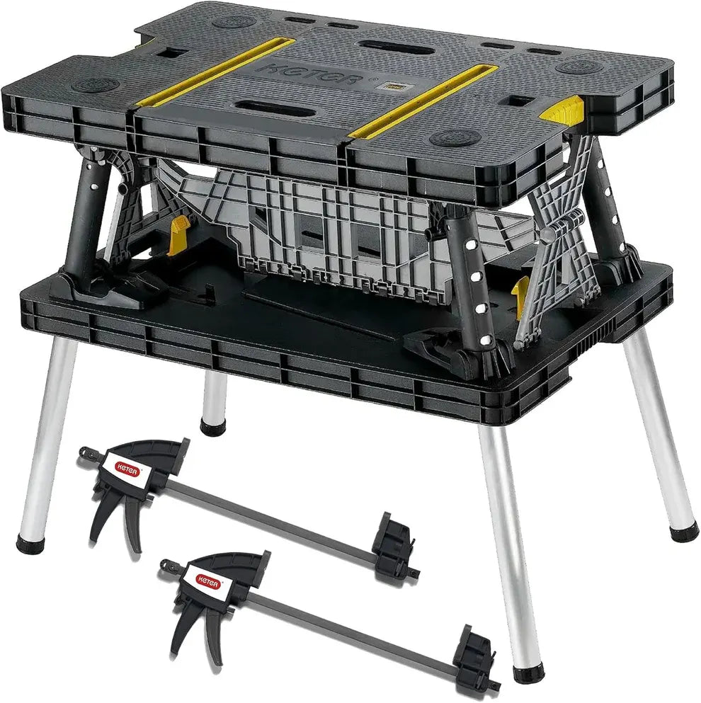 Portable Folding Table Tool Storage Stand Workbench Sawhorse with 12" Clamps