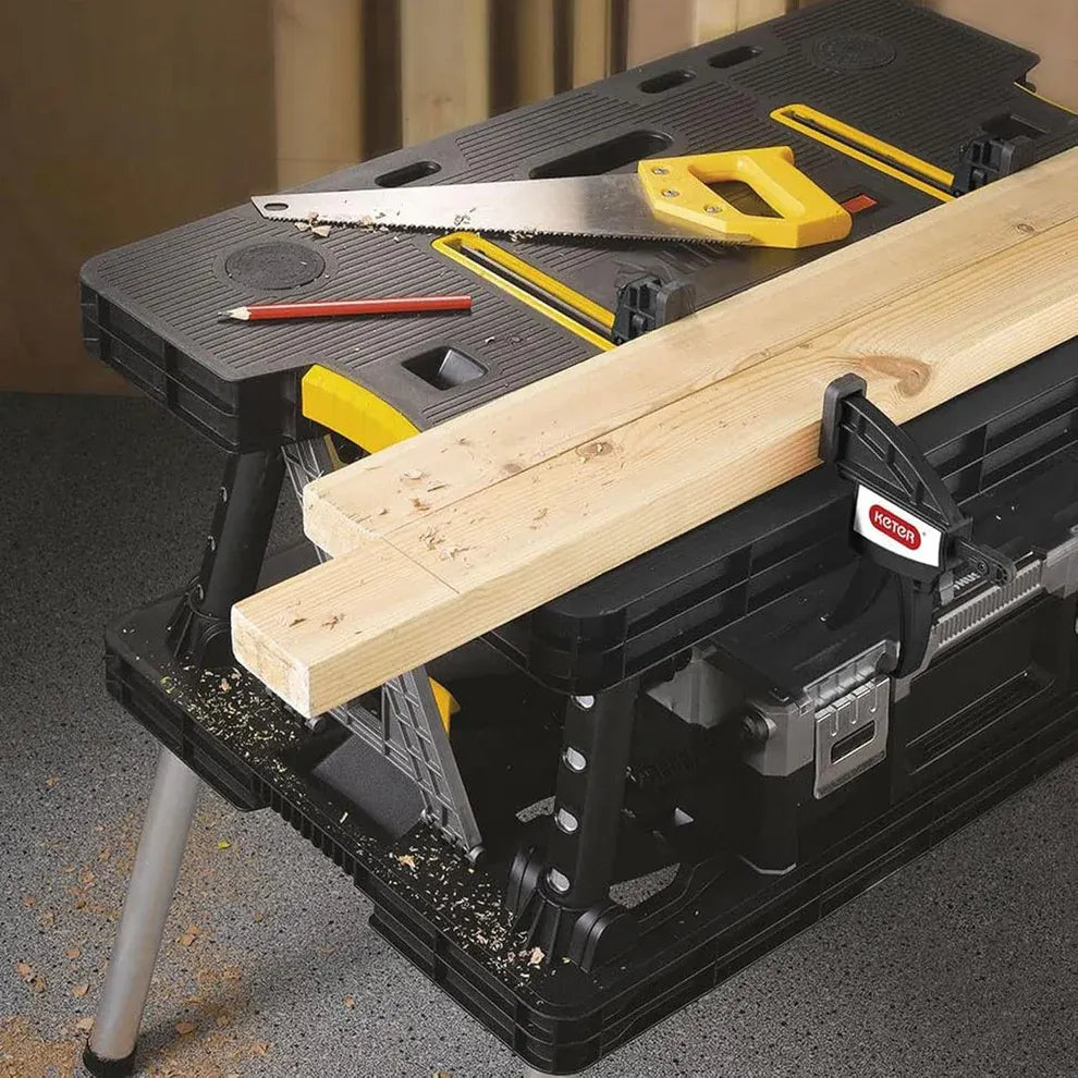 Portable Folding Table Tool Storage Stand Workbench Sawhorse with 12" Clamps
