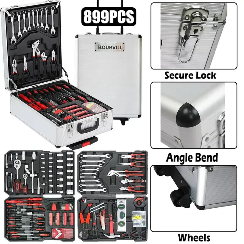 899PCS Tool Set,Aluminum Rolling Tool Chest with 4 Drawers,Complete Mechanic & Home Repair Kit