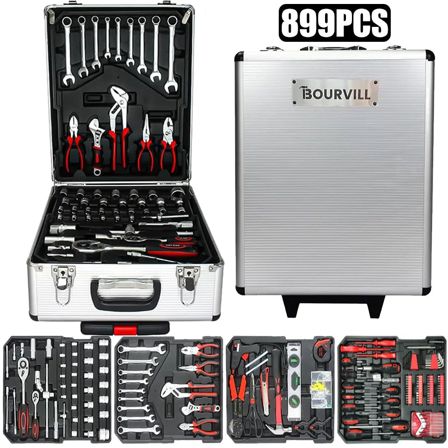 899PCS Tool Set,Aluminum Rolling Tool Chest with 4 Drawers,Complete Mechanic & Home Repair Kit